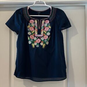 Talbots Navy Blouse with Floral Embroidery
